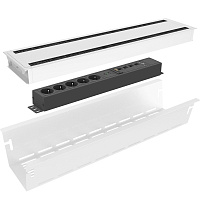 Kondator 935-K46DW Комплект серии Axessline для установки под стол со встраиваемым в столешницу лючком. Комплектация: крышка для лючка 935-TC60, короб для размещения розеток под столом 935-TK61, розеточный блок серии Axessline 935-T5UD, цвет белый