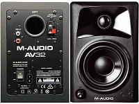 M-Audio AV32  Комплект из двух качественных мониторов ближнего поля, 3" низ, 3/4" верх (шёлк), 15 Вт каждый, регулировка громкости, выключатель питания, входы: балансные TRS, небалансные RCA, выход на наушники.