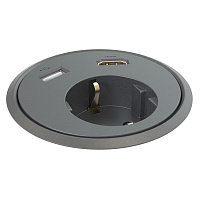 Kondator 935-PD13 Встраиваемая розетка для монтажа в стол. Встроенные разъемы: 1xUSB, 1xHDMI. Размеры (ØxВ) 83х(89–140) мм. Монтажное отверстие (диаметр) 79 мм. Длина кабеля питания 1,25 м. Цвет черный