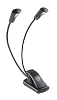 K&M 12243-000-55 двойная подсветка для нот на прищепке, 1 LED (в каждом источнике света), питание от 3 батареек ААА, цвет черный
