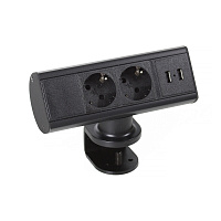 Kondator 935-D2UC Настольная розеточная станция Axessline с 2 розетками и 2xUSB. Размеры блока над столом (ШxГxВ) 176х64х96 мм. Монтаж к столу - подставка с зажимом. Максимальная толщина столешницы 31 мм. Цвет черный