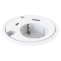 Kondator 935-PD16W Встраиваемая розетка для монтажа в стол 1xUSB QC 2.0 (5–12 В, 1–2 А), 1xUSB-C 3.1 Gen 1 (20 В, 3 А), отверстие для кабеля 7 мм, отверстие для кабеля 9,5 мм. Размеры (ØxВ): 83х(89–140) мм. Цвет белый