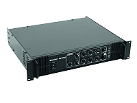 Omnitronic MP-250  Одноканальный усилитель мощности для РА с микшером. Выход 70В/100В PA или работа на 4-16Ом. Выходная мощность 250Вт RMS. Входы:3 х MIC (один с функцией приоритета) , 3 х AUX.Регуляторы тона и мастера. Рэковый монтаж, 2U