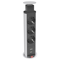 Kondator 935-P63U Встраиваемая выдвижная розеточная станция Axessline с 3 розетками и 2xUSB (5 В, 2.1 А макс.). Конструкция pop-out, выдвигается нажатием на крышку. Размеры (ØxВ) 70х331 мм. Цвет черный