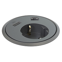 Kondator 935-PD12 Встраиваемая розетка для монтажа в стол. Встроенные разъемы: 1xRJ45, 1xUSB (5 В, 2.1 А). Размеры (ØxВ): 83х(89–140) мм. Монтажное отверстие (диаметр) 79 мм. Длина кабеля питания 1,25 м. Цвет черный