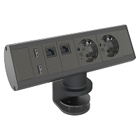 Kondator 935-D2DU Настольная розеточная станция Axessline с 2 розетками, 2хRJ45 и 2хUSB. Размеры блока над столом (ШxГxВ) 214х64х96 мм. Монтаж к столу - подставка со струбциной. Максимальная толщина столешницы 49 мм. Цвет черный